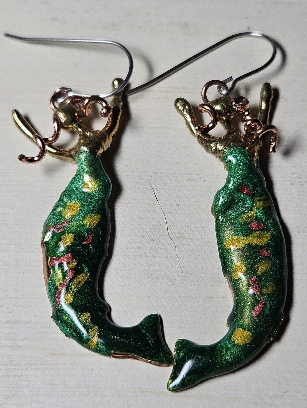 Vintage Style Hand Painted Brass Mermaid Earrings Green Enamel Glitter Dangles